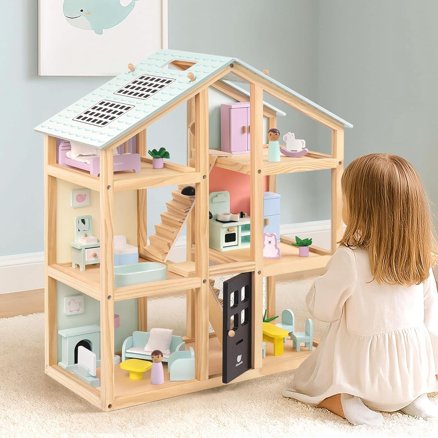 Wooden Dollhouse 3-Story With 38-Piece Furniture Kit-0