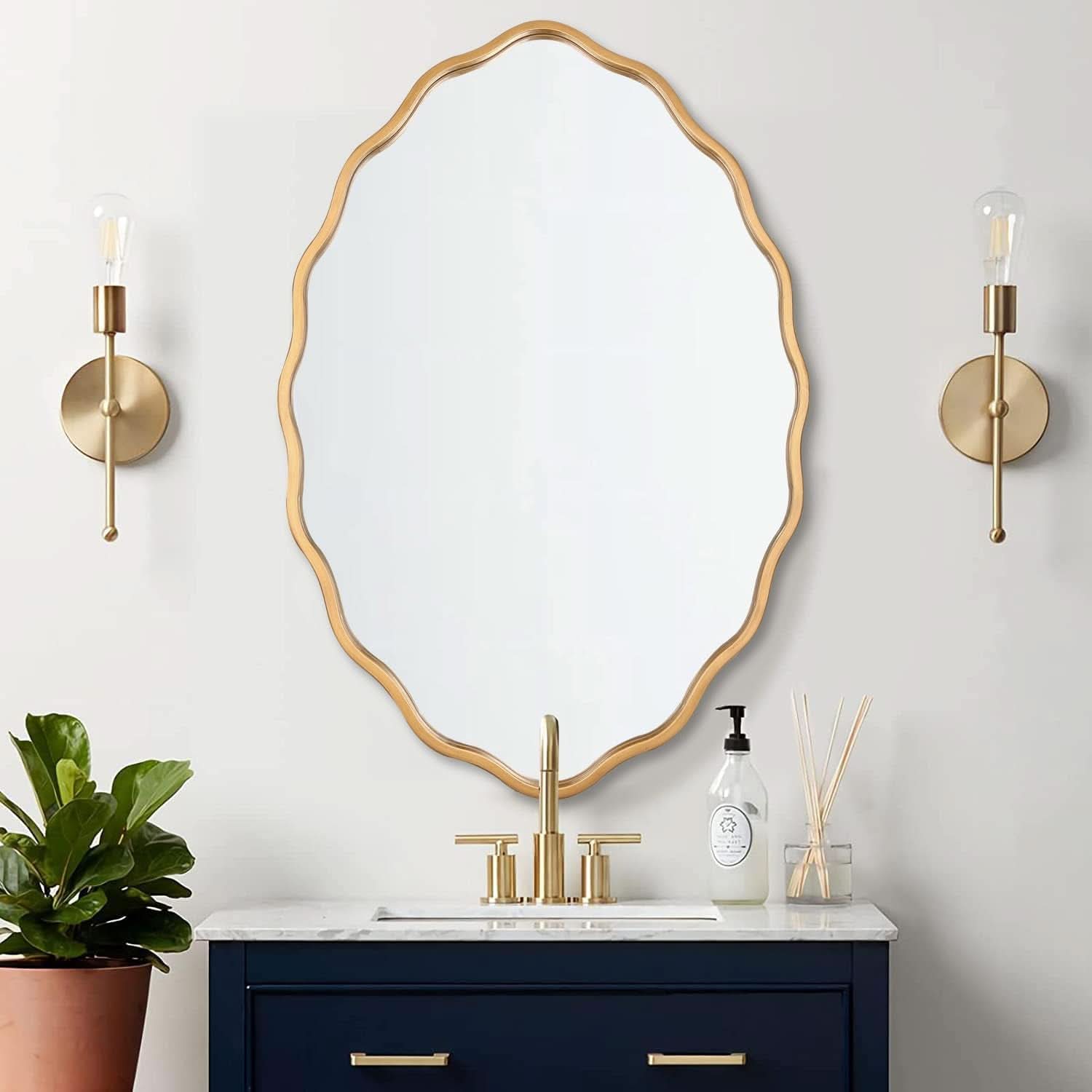 Oval Brushed Gold Mirror 24 By 36 Inch Wall Mounted-0