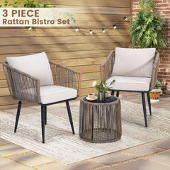 Beige 3 Piece Patio Rattan Bistro Conversation Set Outdoor Wicker Chairs And Side Table-1