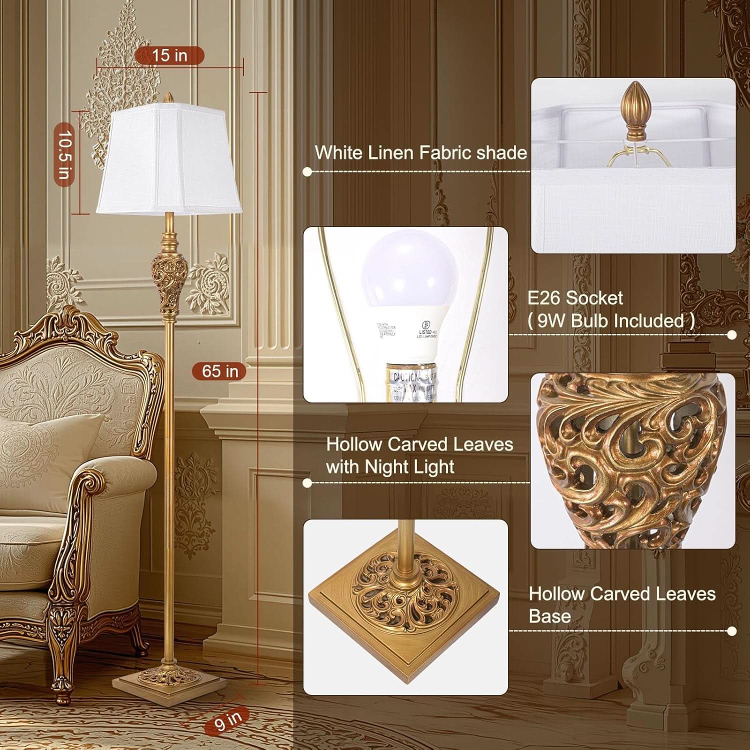 Vintage Floor Lamp With Night light 65 Inch Tall Brass-1