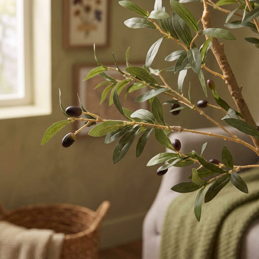 A detailed close-up of the artificial olive tree's branches, focusing on the slender, realistic green leaves and a sparse scattering of dark purple faux olives. The textured brown trunk and out-of-focus woven wall decor can be seen softly blurred in the background.