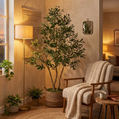 A 6-foot artificial olive tree in a decorative handwoven basket, situated in a cozy living room corner. The space is decorated with a wooden armchair holding a beige knit blanket, a wooden side table, and walls adorned with a small mirror and a macrame hanging.