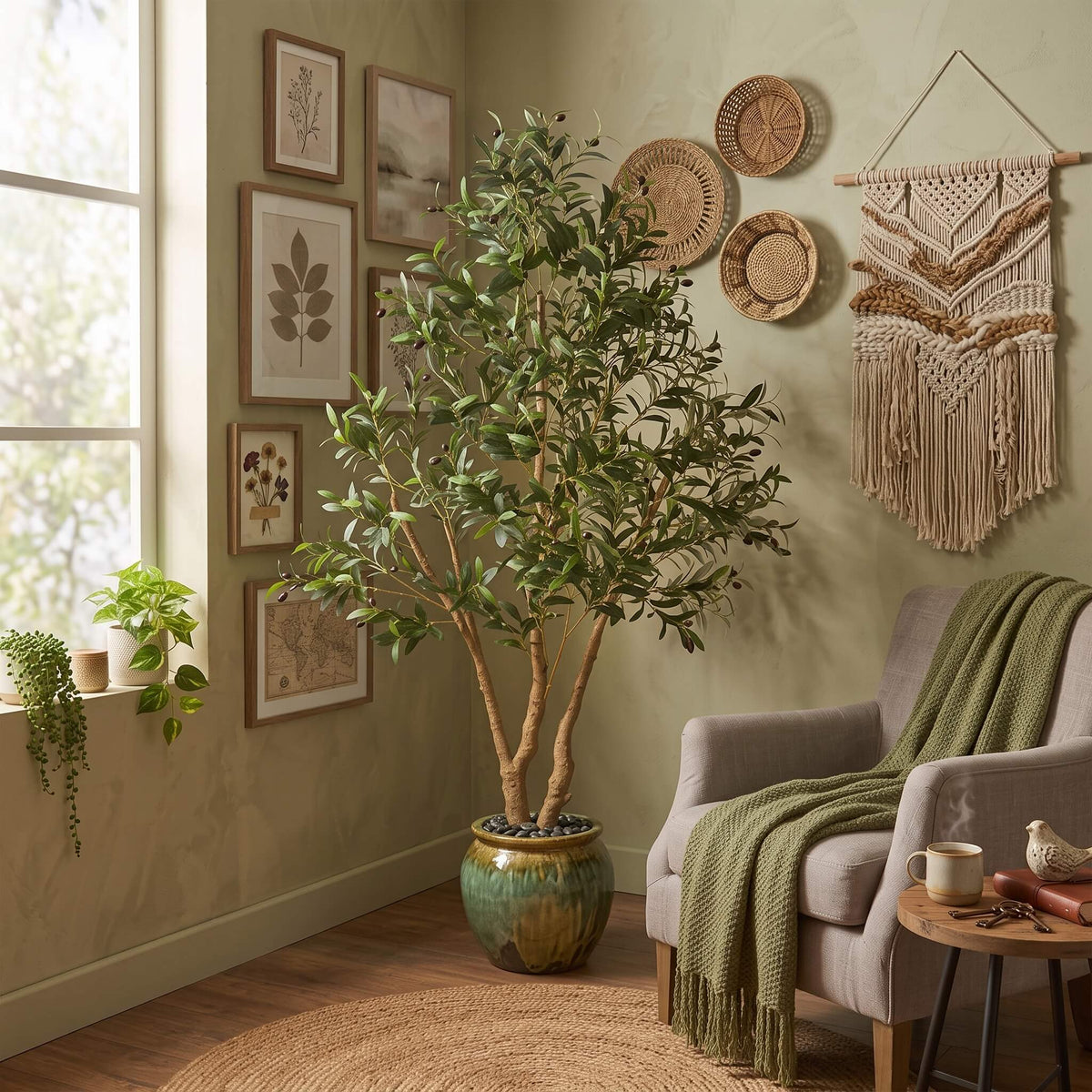 A 6-foot artificial olive tree in a decorative green and tan glazed ceramic pot, situated in a cozy living room corner. The space is decorated with a grey armchair holding a green knit blanket, a wooden side table, and walls adorned with botanical prints, woven baskets, and a macrame hanging.