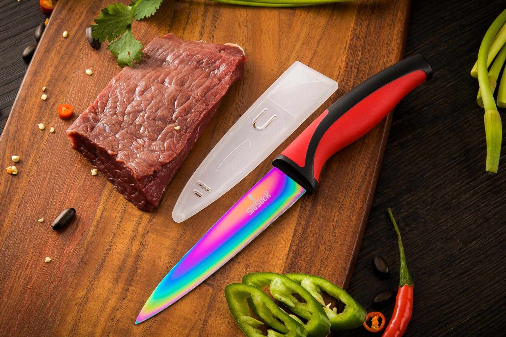 Kitchen Knife Set - Titanium Coated Blades - Red Handles