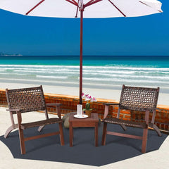 3 Piece Patio Conversation Set With Solid Eucalyptus Wood Frame And Brown Rattan Wicker-3