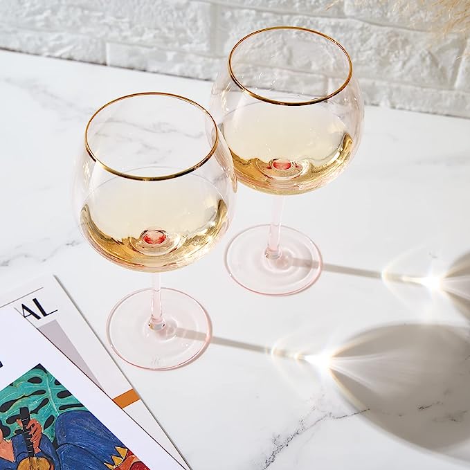 Colored Blush Pink & Gilded Rim Wine Glassware, Large 23oz