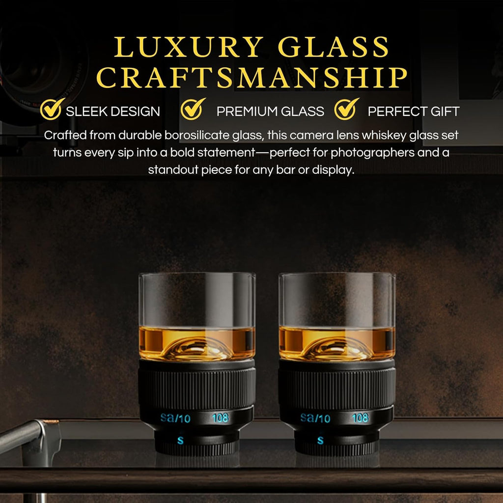 The Wine Savant Camera Lens Whiskey Glasses |Set of 2-3