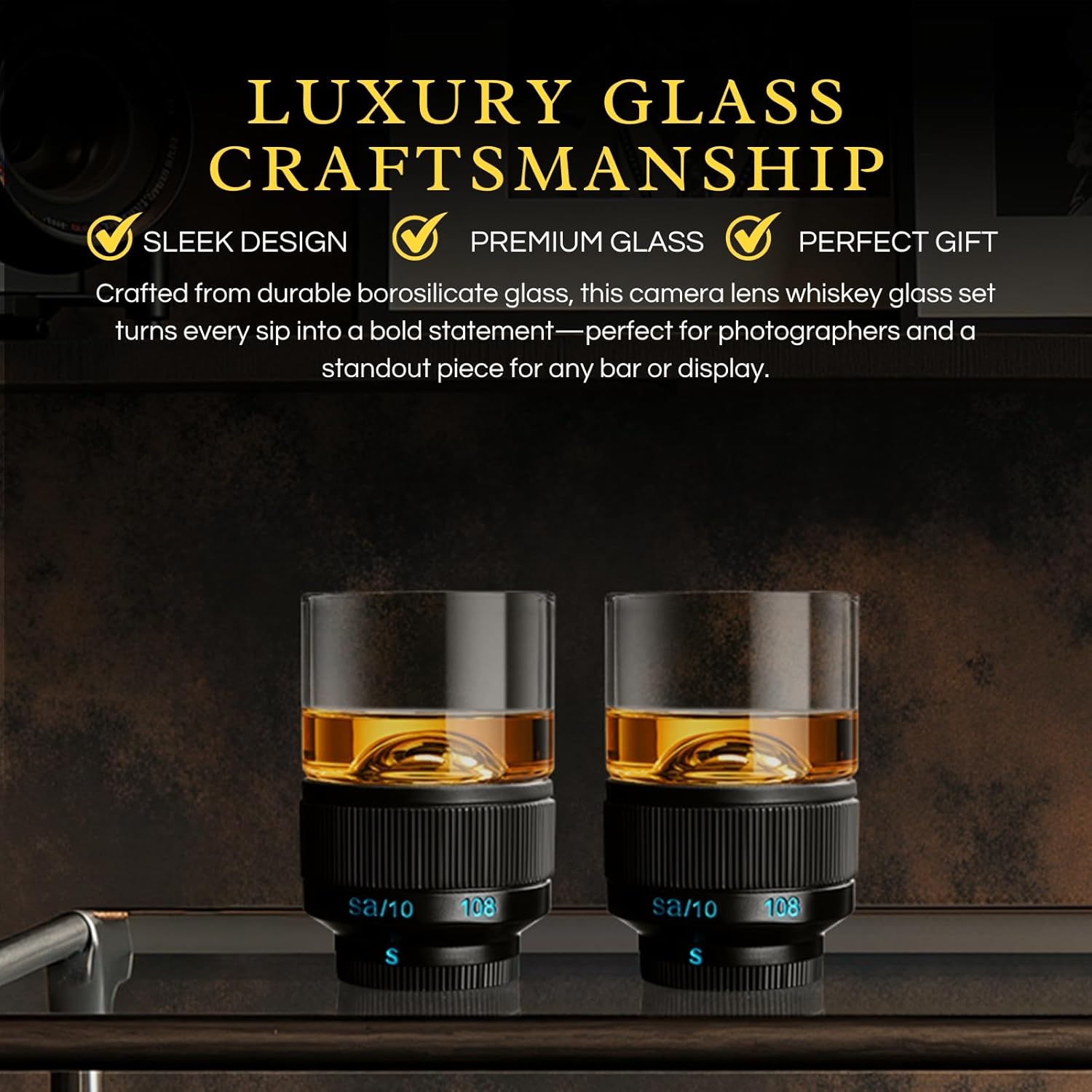 The Wine Savant Camera Lens Whiskey Glasses |Set of 2-3