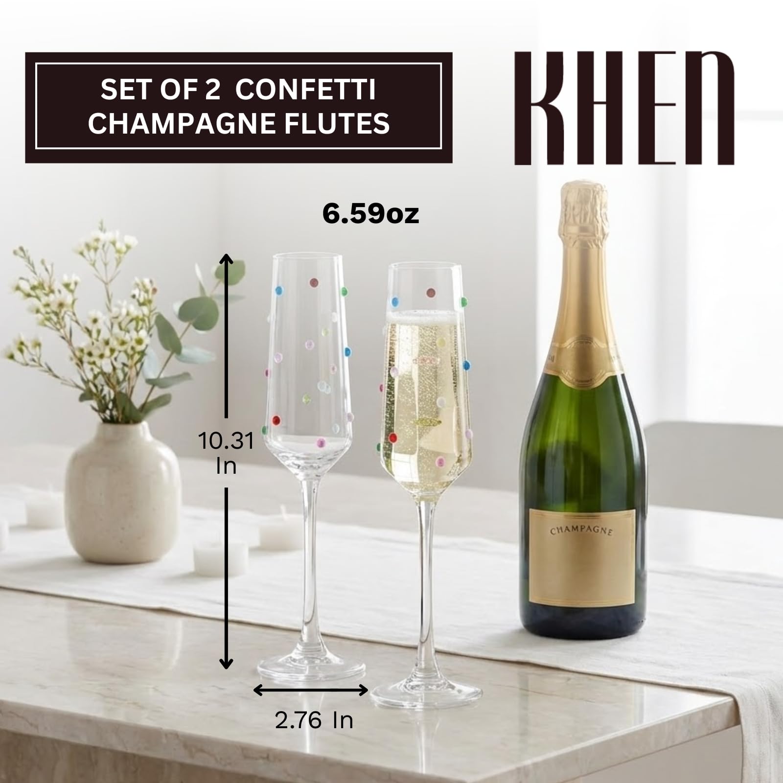 Confetti Champagne Flutes Set of 2, 6.59oz Colorful Clear Glass
