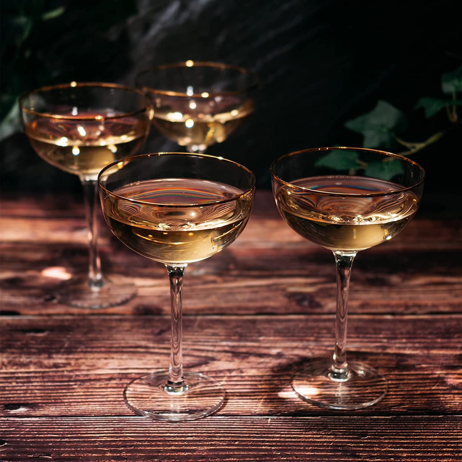 Vintage Crystal Champagne Coupe Gold Rim Glasses | Set of 4 | 7 oz-1