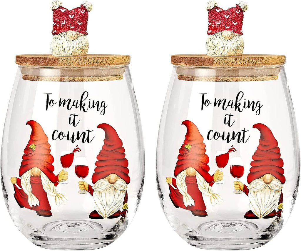 Christmas Gnome Wine & Water Glasses With Dwarf Wood Cover - Set of 2-17.5oz-0