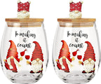 Christmas Gnome Wine & Water Glasses With Dwarf Wood Cover - Set of 2-17.5oz-0