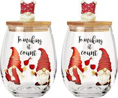 Christmas Gnome Wine & Water Glasses With Dwarf Wood Cover - Set of 2-17.5oz-0