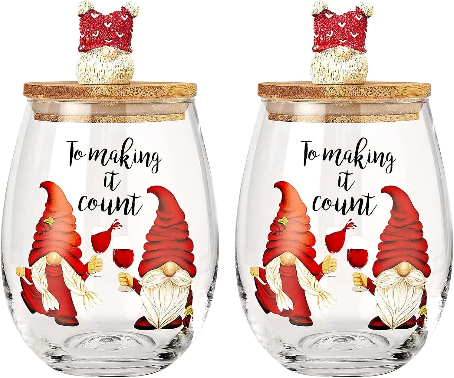 Christmas Gnome Wine & Water Glasses With Dwarf Wood Cover - Set of 2-17.5oz-0