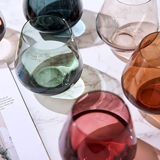Colored Stemless Crystal Wine Glass Set of 6 - Large 16 oz (Pastel)-3