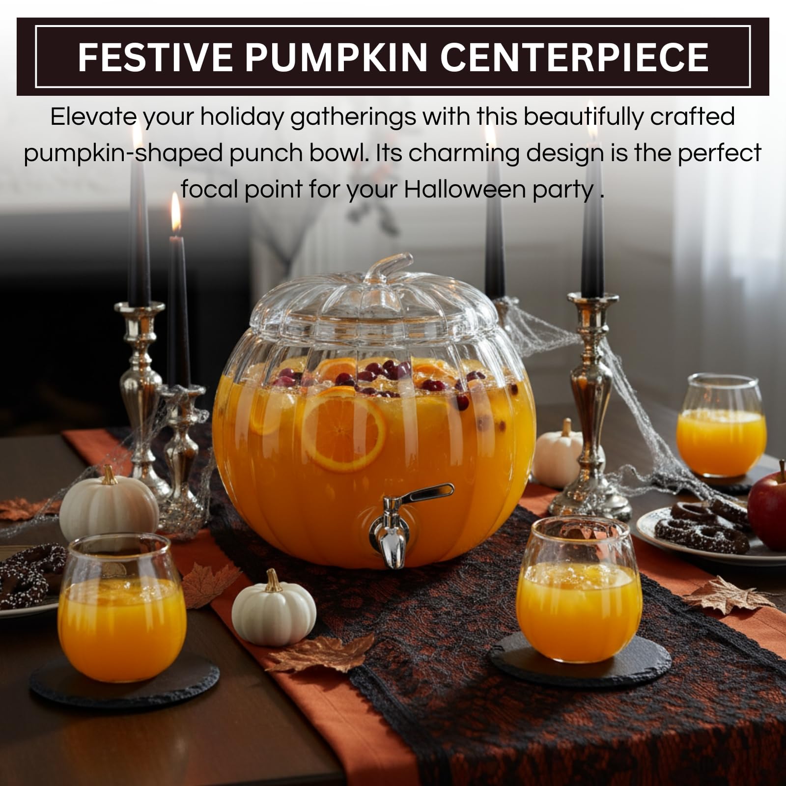 Glass Pumpkin Drink Dispenser 2 Gallon | Fall, Halloween & Thanksgiving Party Beverage Server with Spigot | Clear Pumpkin Punch Bowl for Autumn Events, Kitchen Bar & Holiday Drink Station Decor Gift-2