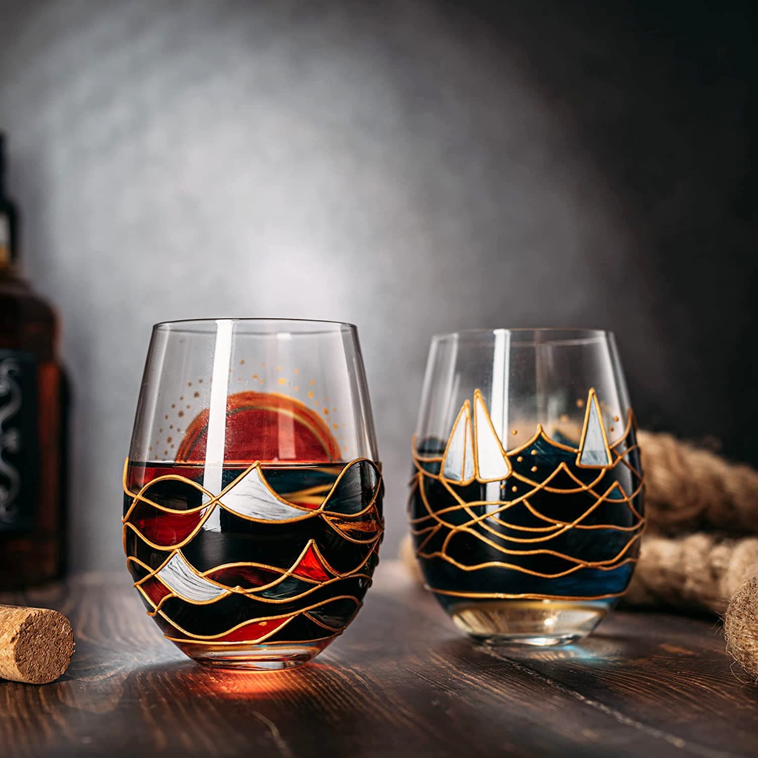 Artisanal Hand Painted Sunrise Glasses, Stemless Set of 2-3