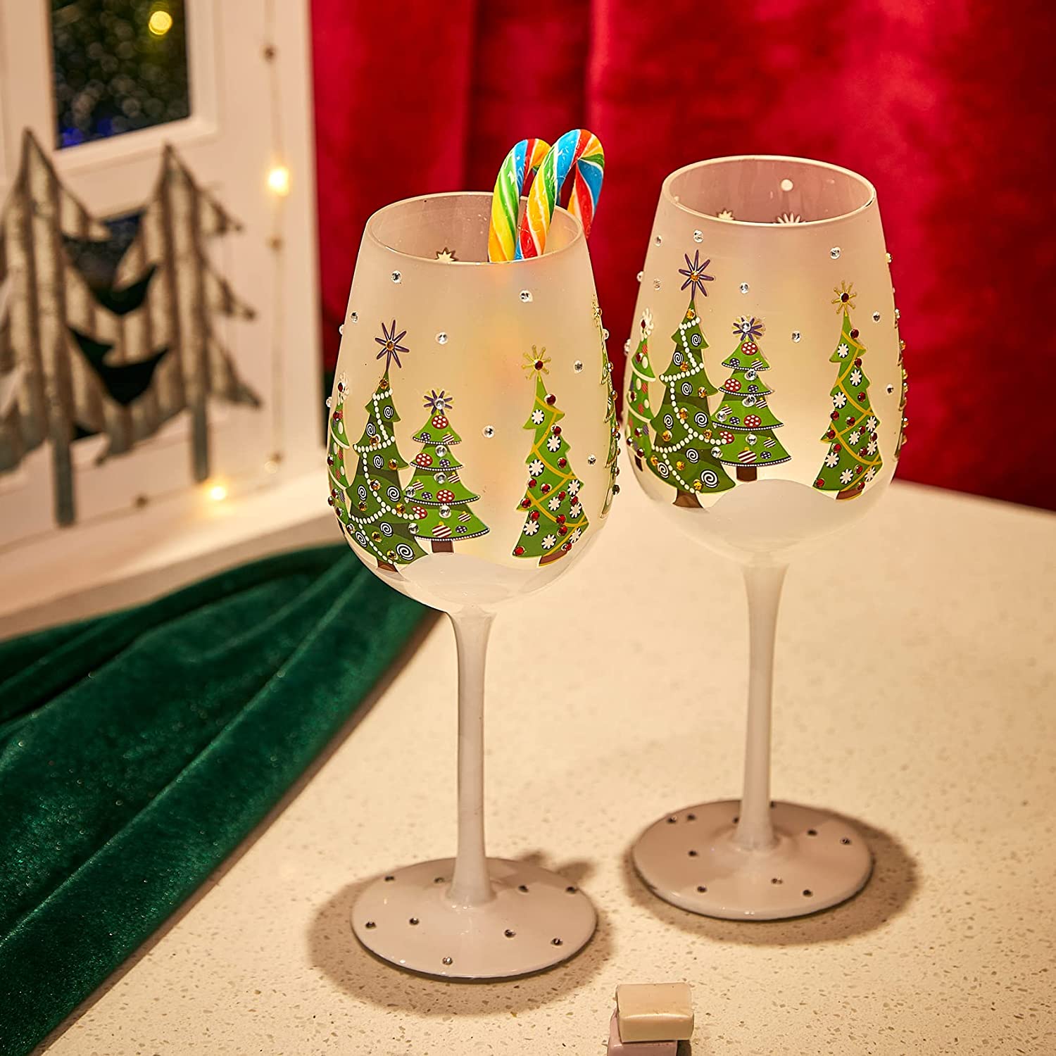 Set of 2 Stemmed Christmas Tree Design Wine Glasses - 14 oz-1