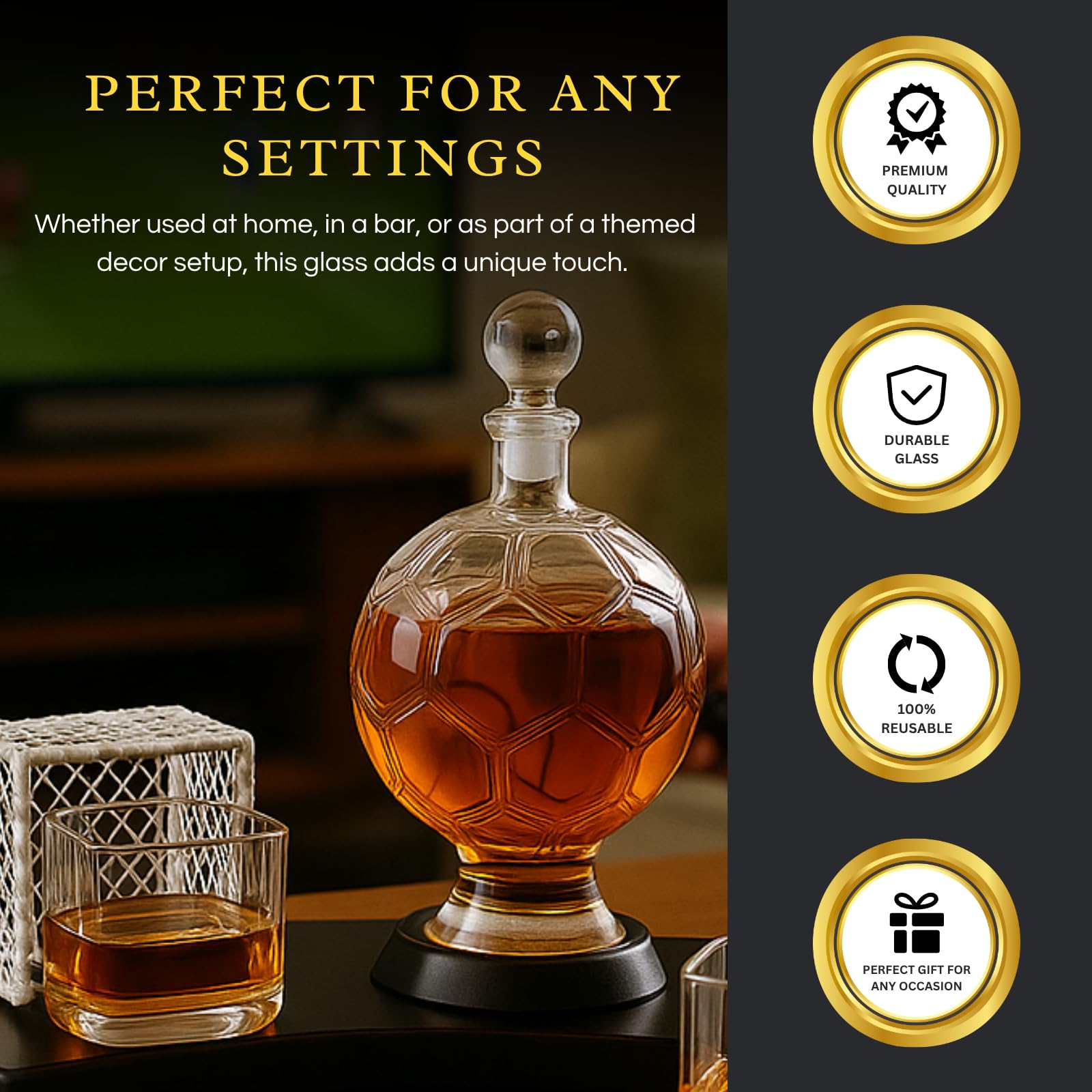 Soccer Whiskey Decanter Set with 2 Glasses & Holder Glasses-3