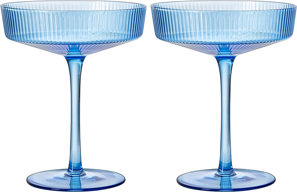 Ribbed Coupe Cocktail Glasses 8 oz | Set of 2 (Blue)-4