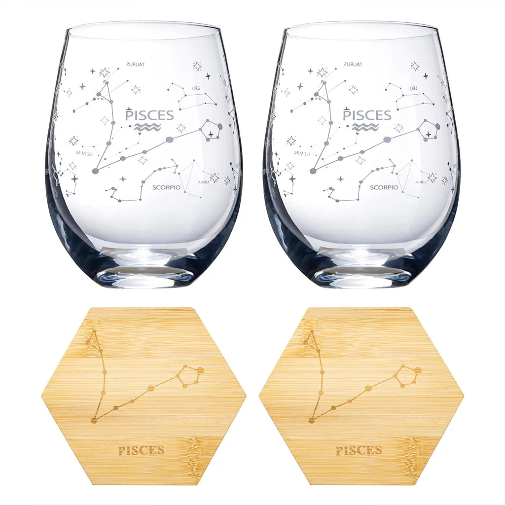 Set of 2 Zodiac Sign Wine Glasses with 2 Wooden Coasters (Pisces)-4