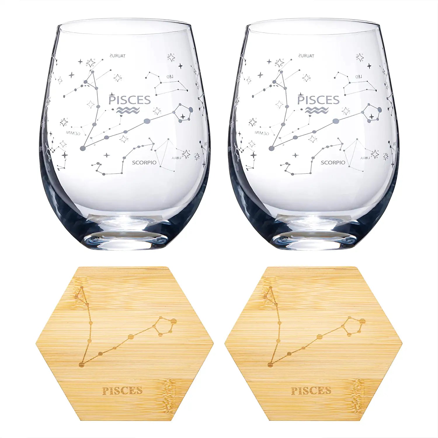 Set of 2 Zodiac Sign Wine Glasses with 2 Wooden Coasters (Pisces)-4