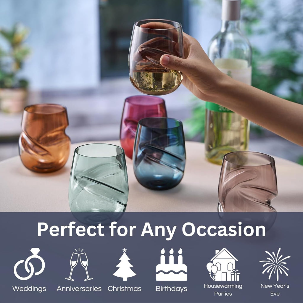 Khen Unbreakable Aerating Stemless Wine Glasses Set of 6-13 oz Pastel Glass-3
