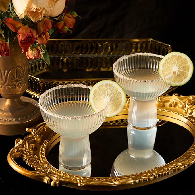 Ribbed Stemless Margarita Glasses with Gold Rim - Set of 4 (10 OZ)-1