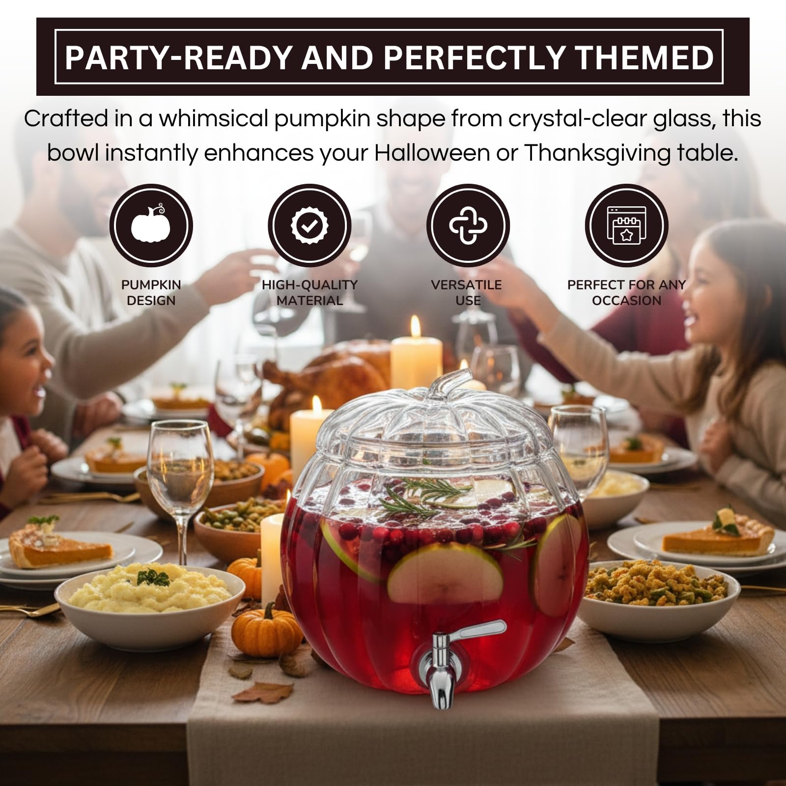 Glass Pumpkin Drink Dispenser 2 Gallon | Fall, Halloween & Thanksgiving Party Beverage Server with Spigot | Clear Pumpkin Punch Bowl for Autumn Events, Kitchen Bar & Holiday Drink Station Decor Gift-3