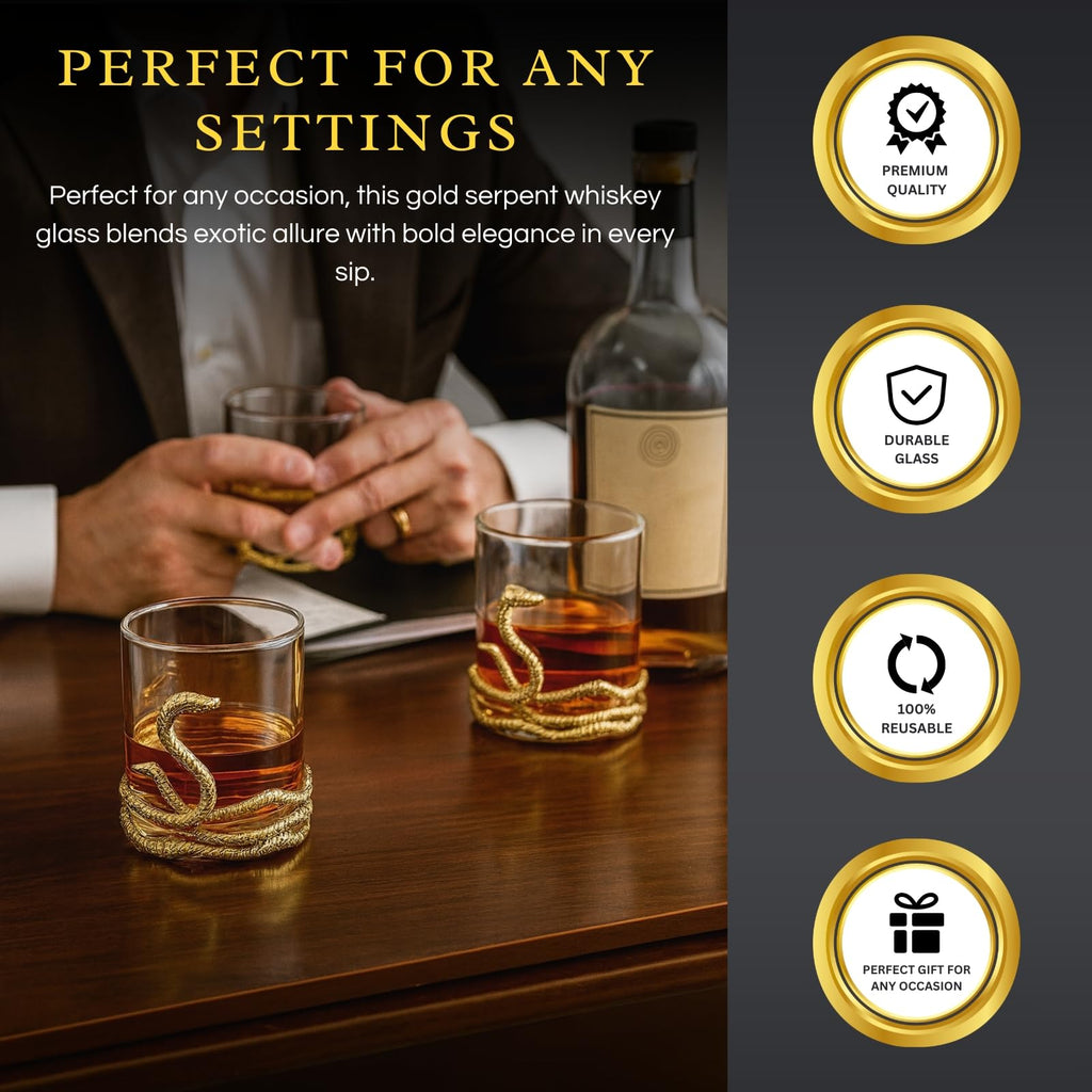 Snake Serpent Whiskey Glasses - 2 Glass Set Gold Design-3