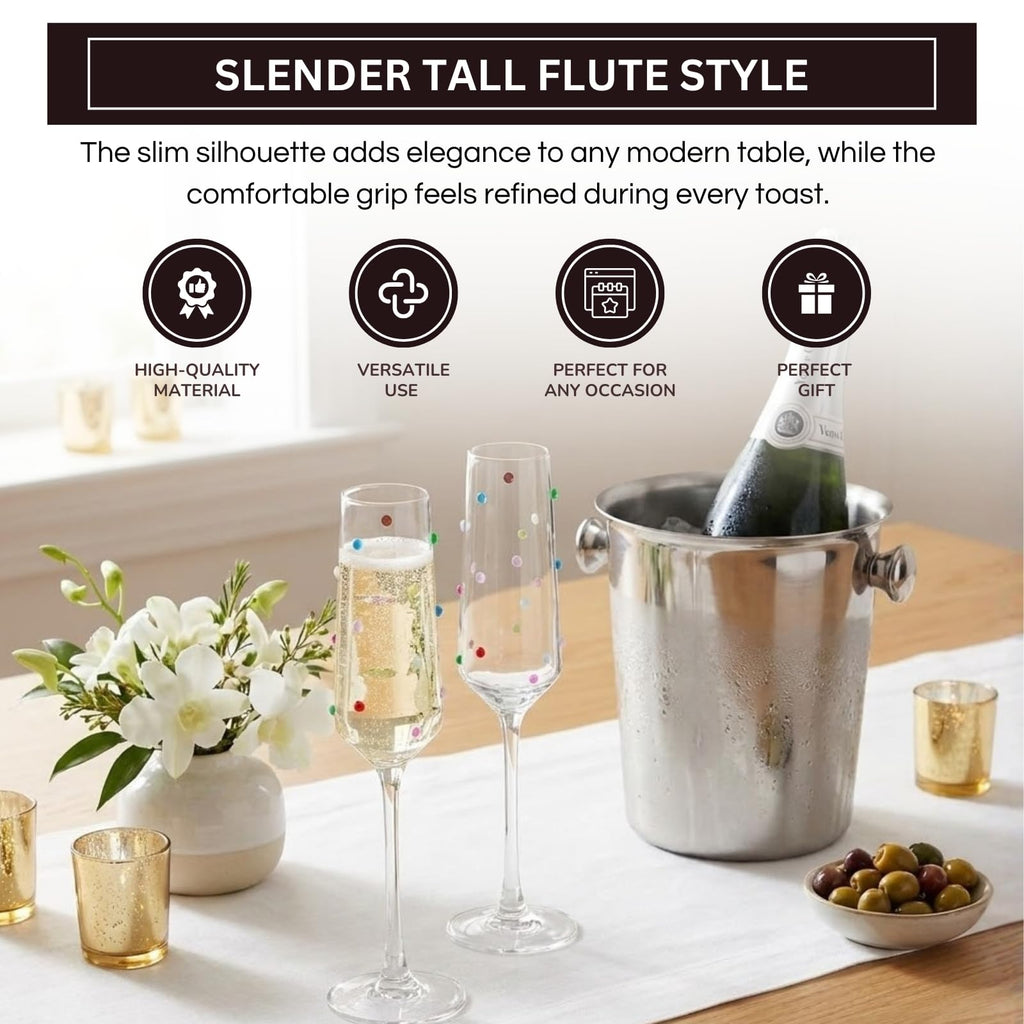 Confetti Champagne Flutes Set of 2, 6.59oz Colorful Clear Glass