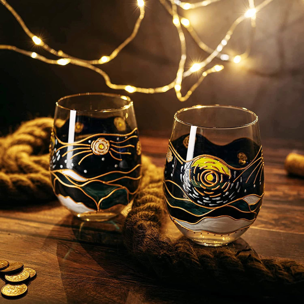 Vincent Van Gogh Wine Glasses Artisanal Hand Painted Stemless Set of 2-3