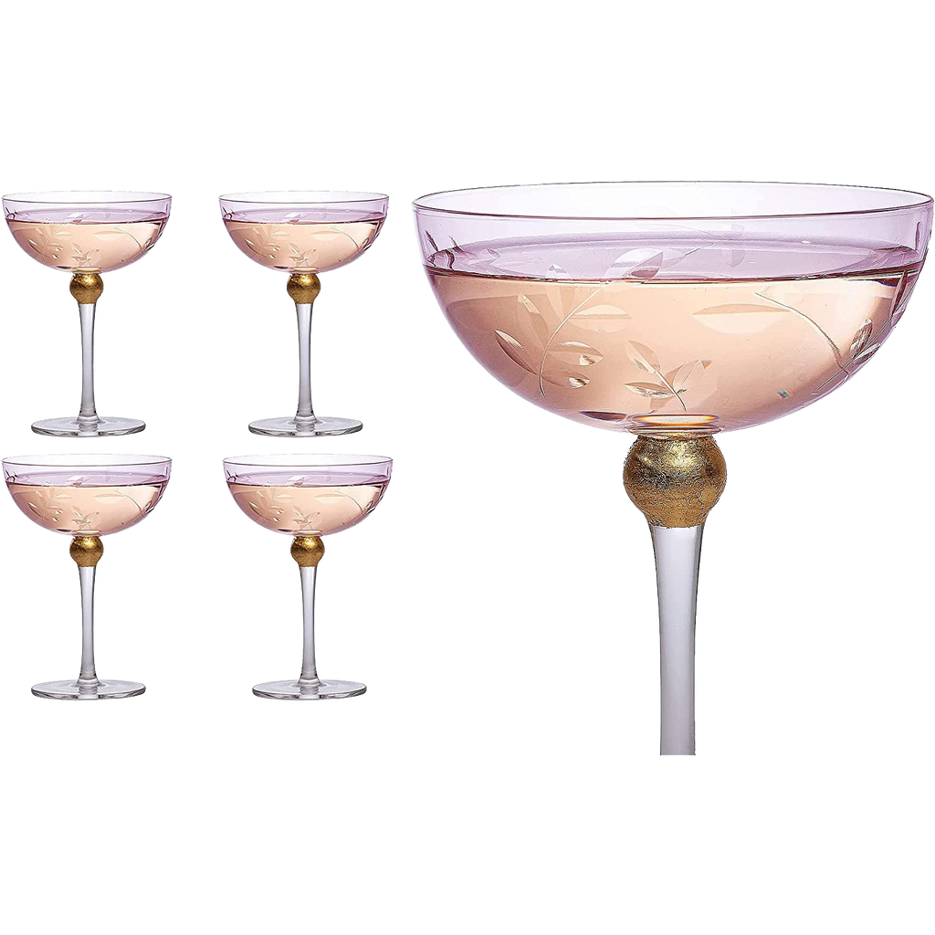 Colored Coupe Art Deco Glasses, Gold | Set of 4 | 8 oz (Pink)-0