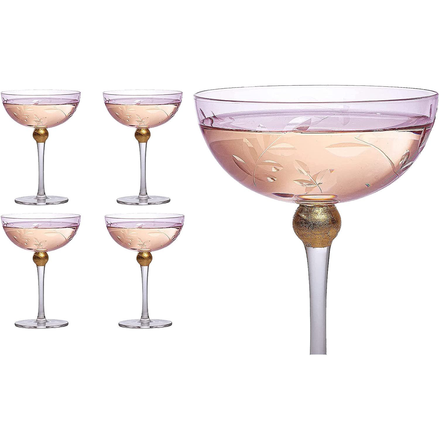 Colored Coupe Art Deco Glasses, Gold | Set of 4 | 8 oz (Pink)-0