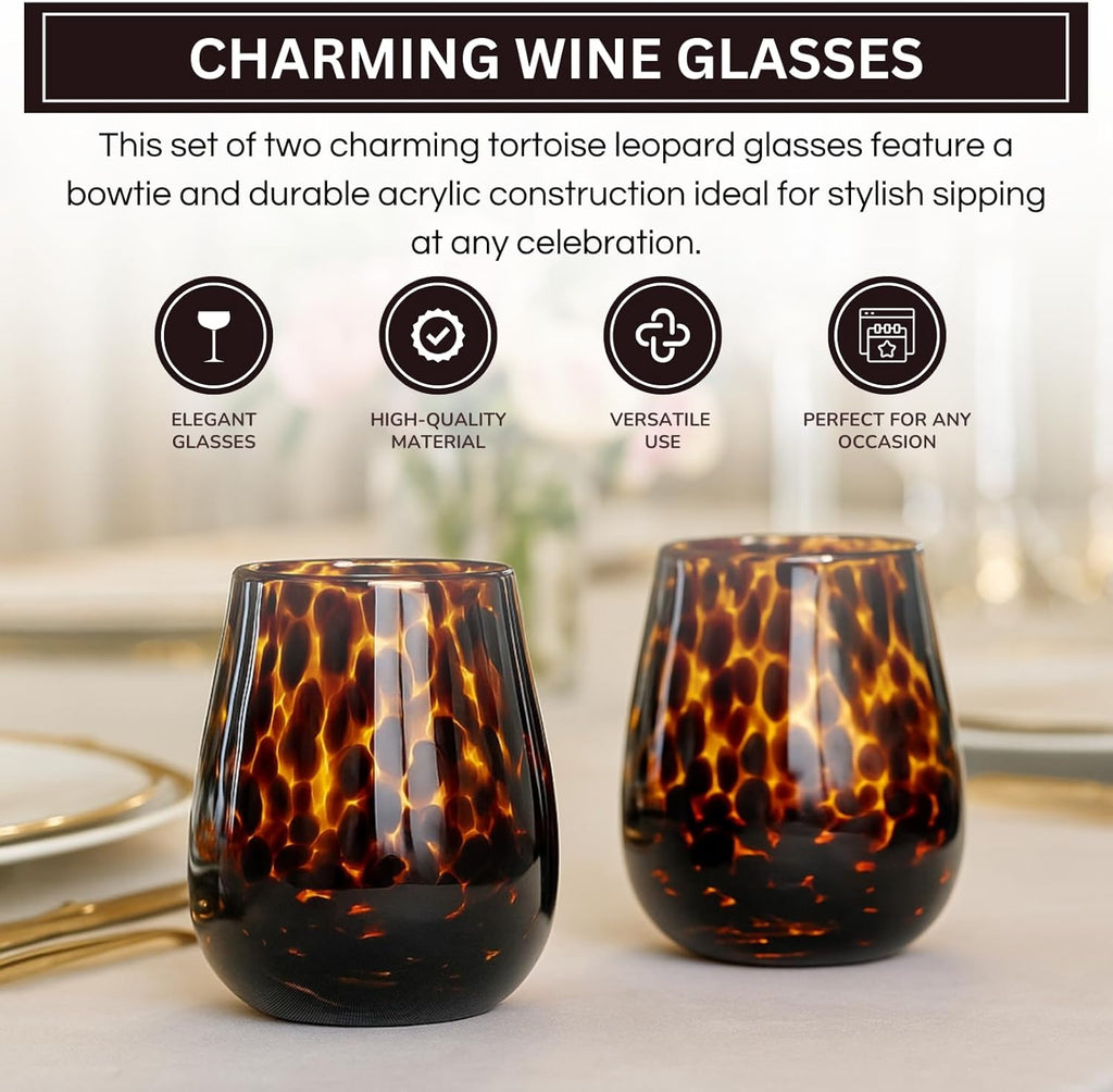 Khen Tortoise Leopard Wine Glasses Stylish Animal Print Set of 2-4
