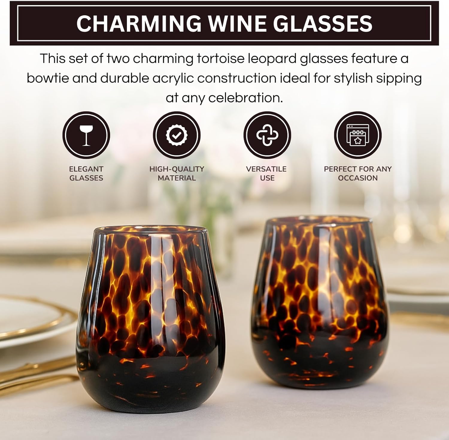 Khen Tortoise Leopard Wine Glasses Stylish Animal Print Set of 2-4