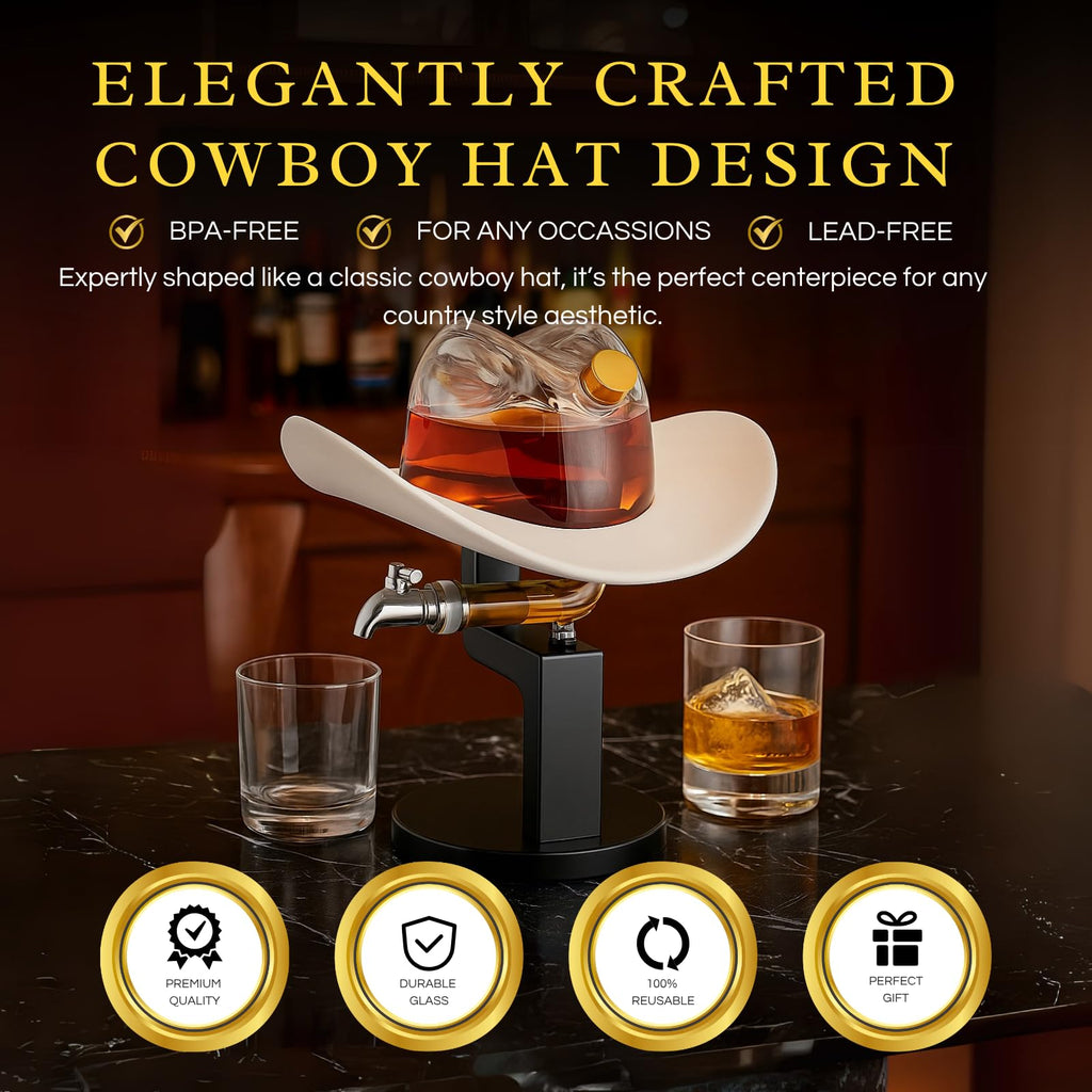 The Wine Savant Cowboy Hat Decanter, Western Style Rustic Design Glass - 800ml Clear
