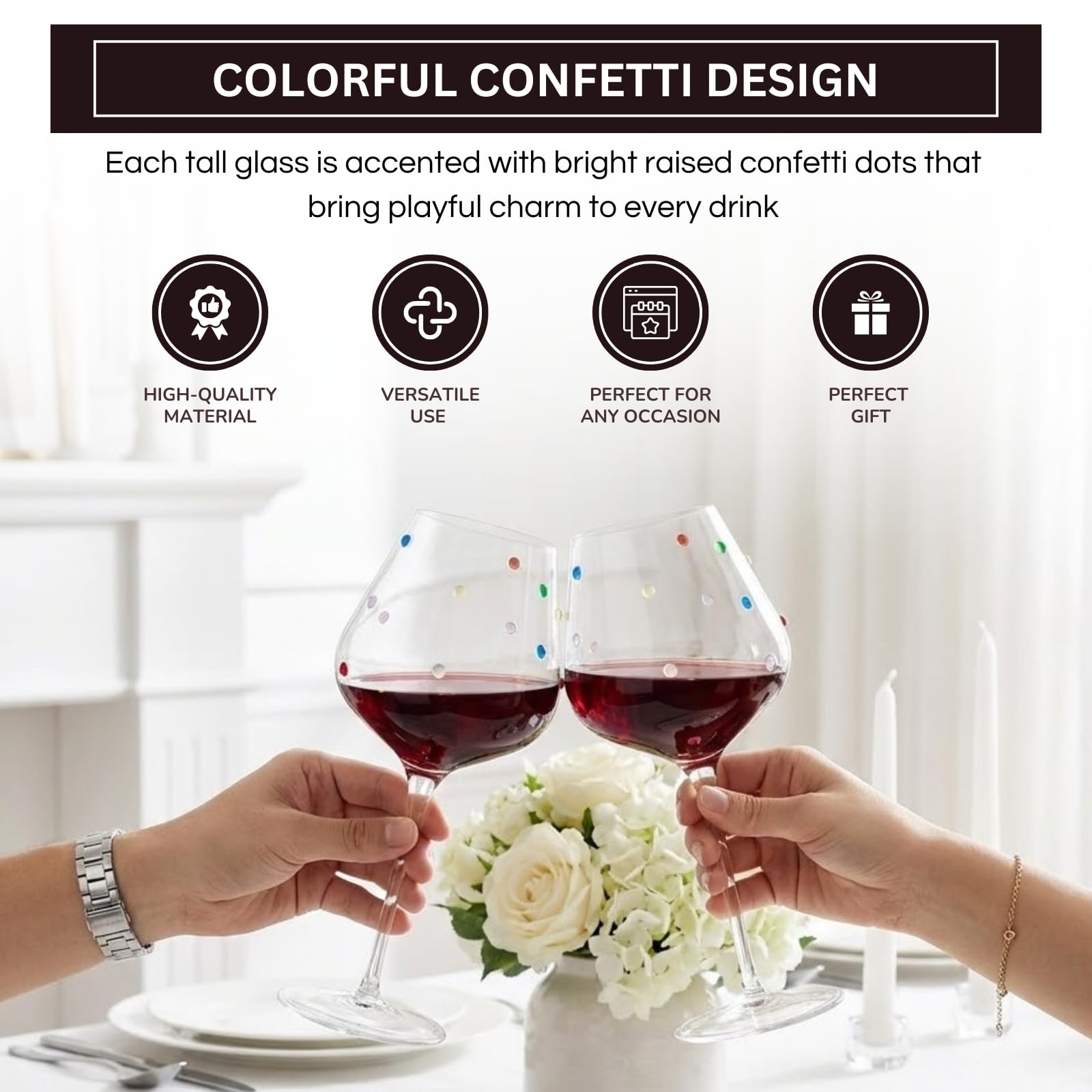 Confetti Stemmed Wine Glasses Set of 2, 20oz Multicolor Clear Glass-3