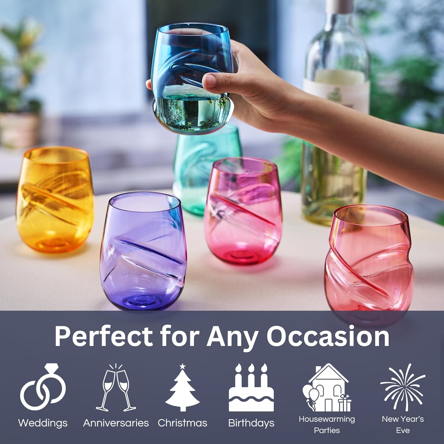 Khen Unbreakable Aerating Stemless Wine Glasses Set of 6-13 oz Colored Glass-2