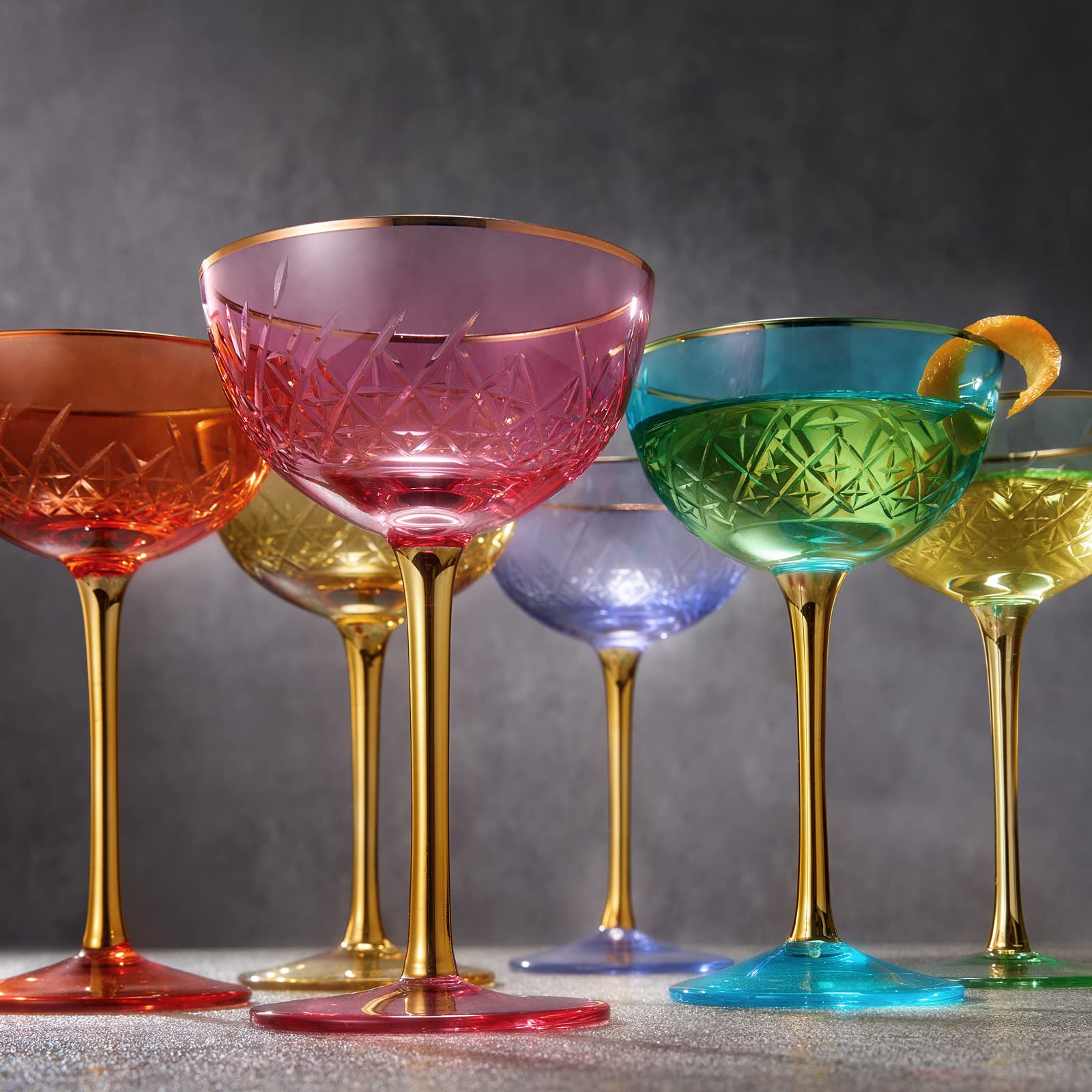 Vintage Art Deco Coupe for Champagne, Martini, Cocktails| Set of 2 | 7 oz (Pink)-4
