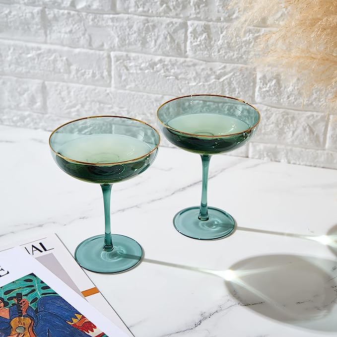 Colored Green & Gilded Rim Wine Glassware, Large 9oz (Coupe)-1