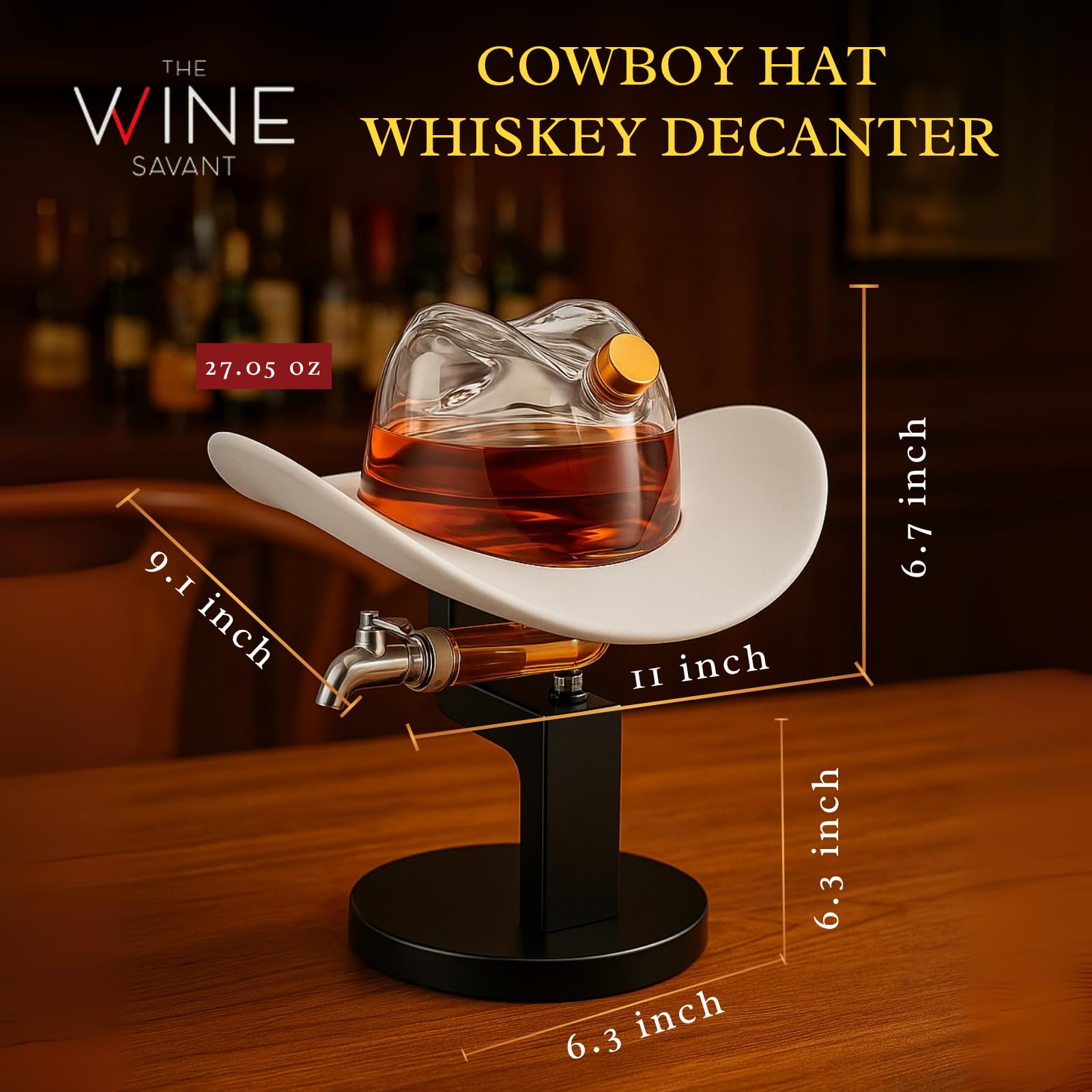 The Wine Savant Cowboy Hat Decanter, Western Style Rustic Design Glass - 800ml Clear