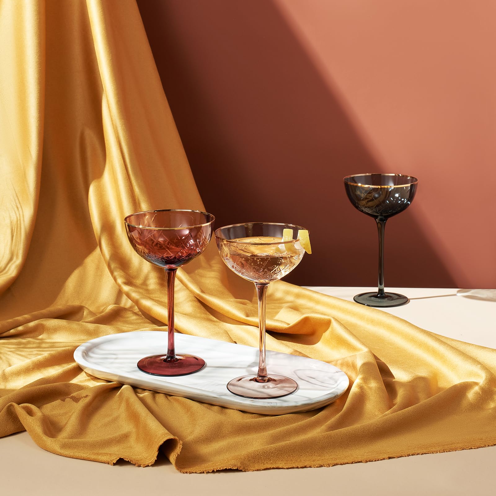 Vintage Art Deco Coupe for Champagne, Martini, Cocktails | Set of 6 | 7 oz (Muted)-4