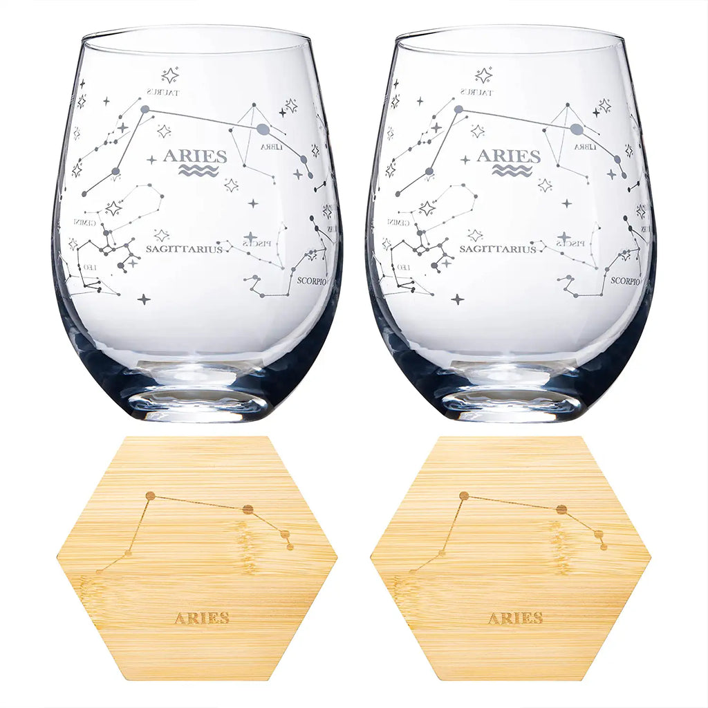Set of 2 Zodiac Sign Wine Glasses with 2 Wooden Coasters (Aries)-4
