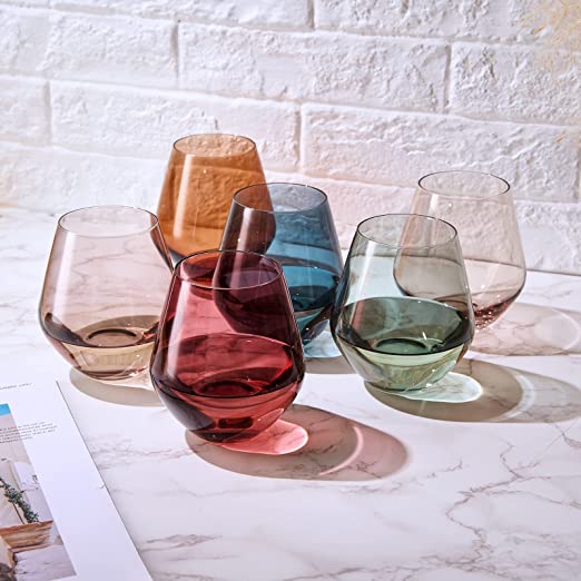 Colored Stemless Crystal Wine Glass Set of 6 - Large 16 oz (Pastel)-1