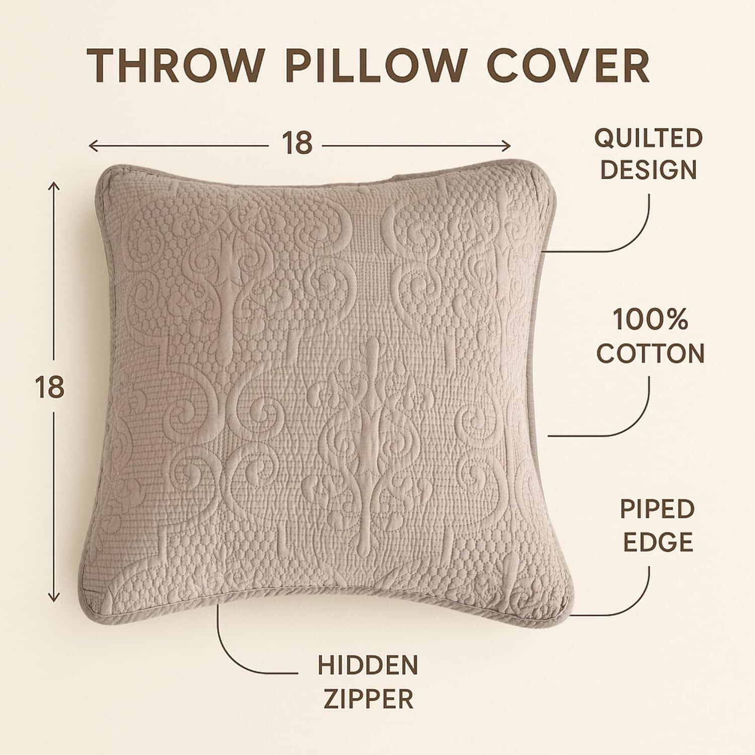 DaDa Bedding Set of 2-Pieces Sandy Beige Taupe Square Cushion Throw Pillow Covers, 18" x 18" (JHW-585)-1