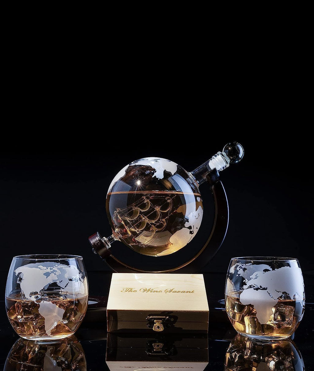Whiskey Decanter Globe Set with 2 Etched Whiskey Glasses - 850ml-2