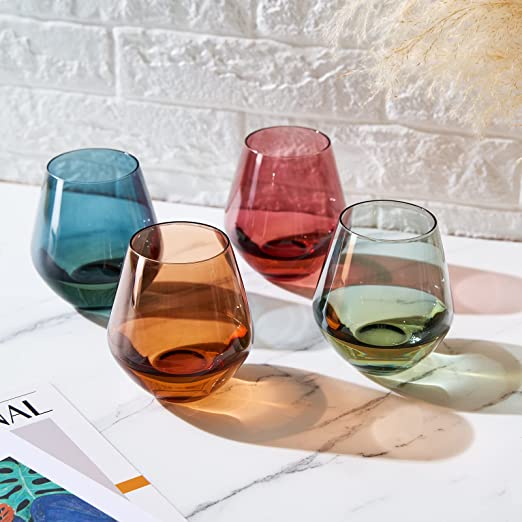 Colored Stemless Crystal Wine Glass Set of 4 - Large 16 oz (Pastel)-1