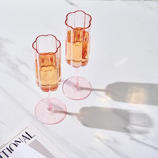 Flower Vintage Champagne Flute Glassware - Set of 2 - 7.4 oz (Pink)-4