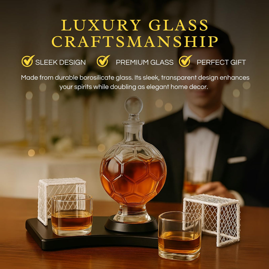 Soccer Whiskey Decanter Set with 2 Glasses & Holder Glasses-2